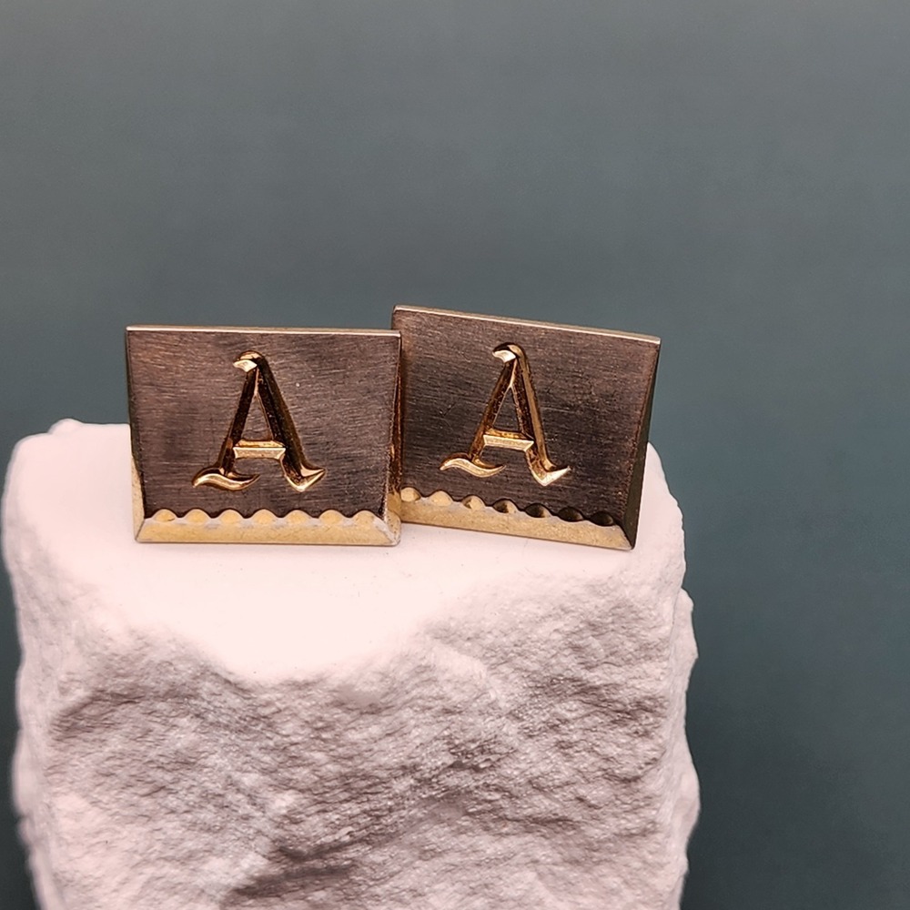 Vintage Gold Tone Brown Brushed Metal Initial A Rectangular Cufflinks Men's